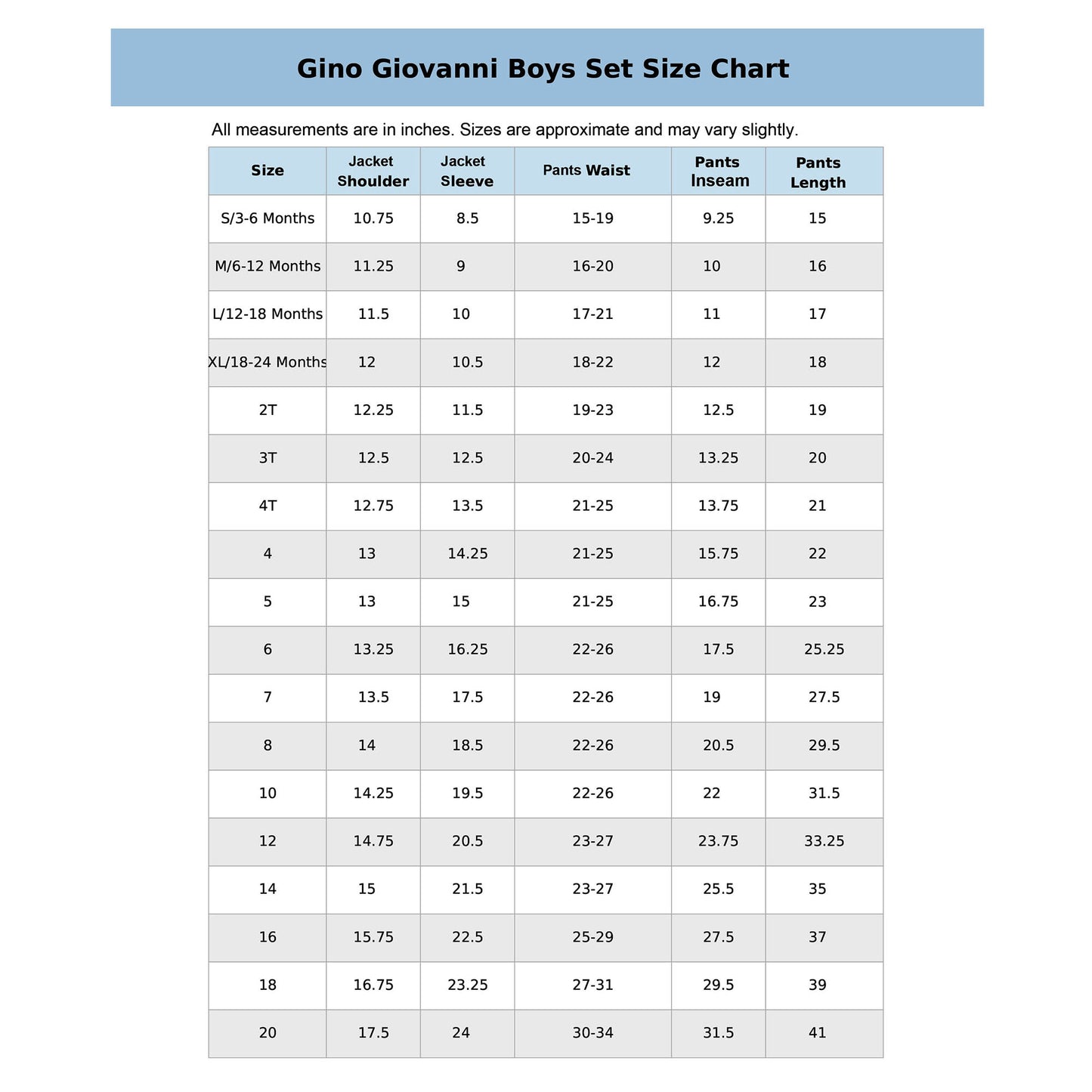 Gino Giovanni boys suit set size chart