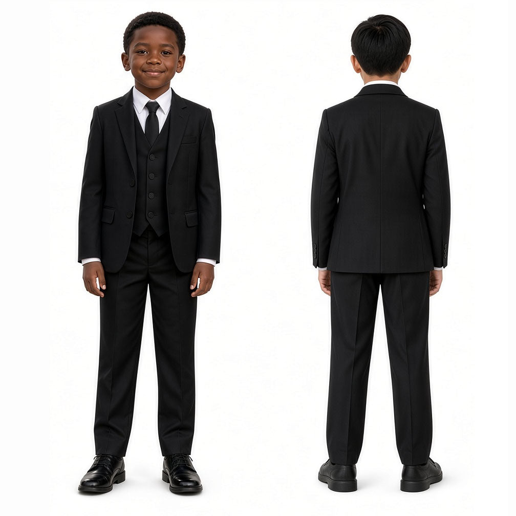 Gino Giovanni Boys’ Black 5-Piece Suit Set with Necktie – Secret Agent, Spy or Mobster Halloween Costume and Formal Outfit
