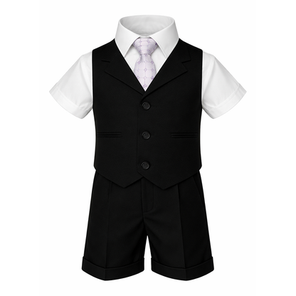 Gino Giovanni Boys 4-Piece Vest Short Set Formal Outfit – Suit with Shirt, Tie & Cuffed Shorts
