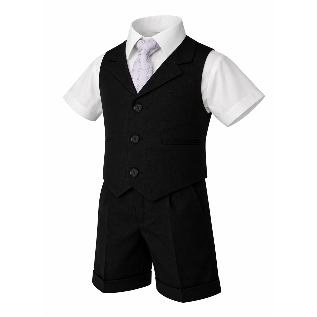 Gino Giovanni Boys 4-Piece Vest Short Set Formal Outfit – Suit with Shirt, Tie & Cuffed Shorts