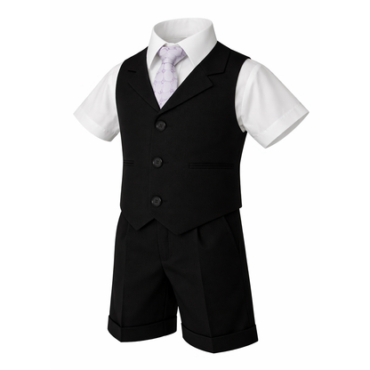 Gino Giovanni Boys 4-Piece Vest Short Set Formal Outfit – Suit with Shirt, Tie & Cuffed Shorts