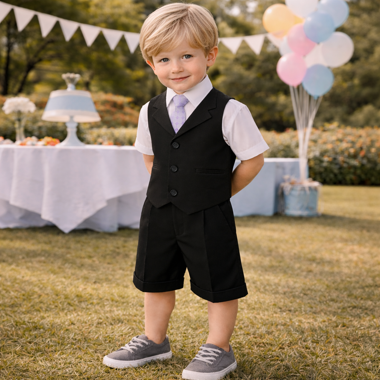 Gino Giovanni Boys 4-Piece Vest Short Set Formal Outfit – Suit with Shirt, Tie & Cuffed Shorts
