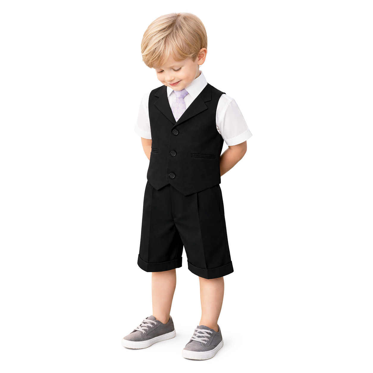 Gino Giovanni Boys 4-Piece Vest Short Set Formal Outfit – Suit with Shirt, Tie & Cuffed Shorts