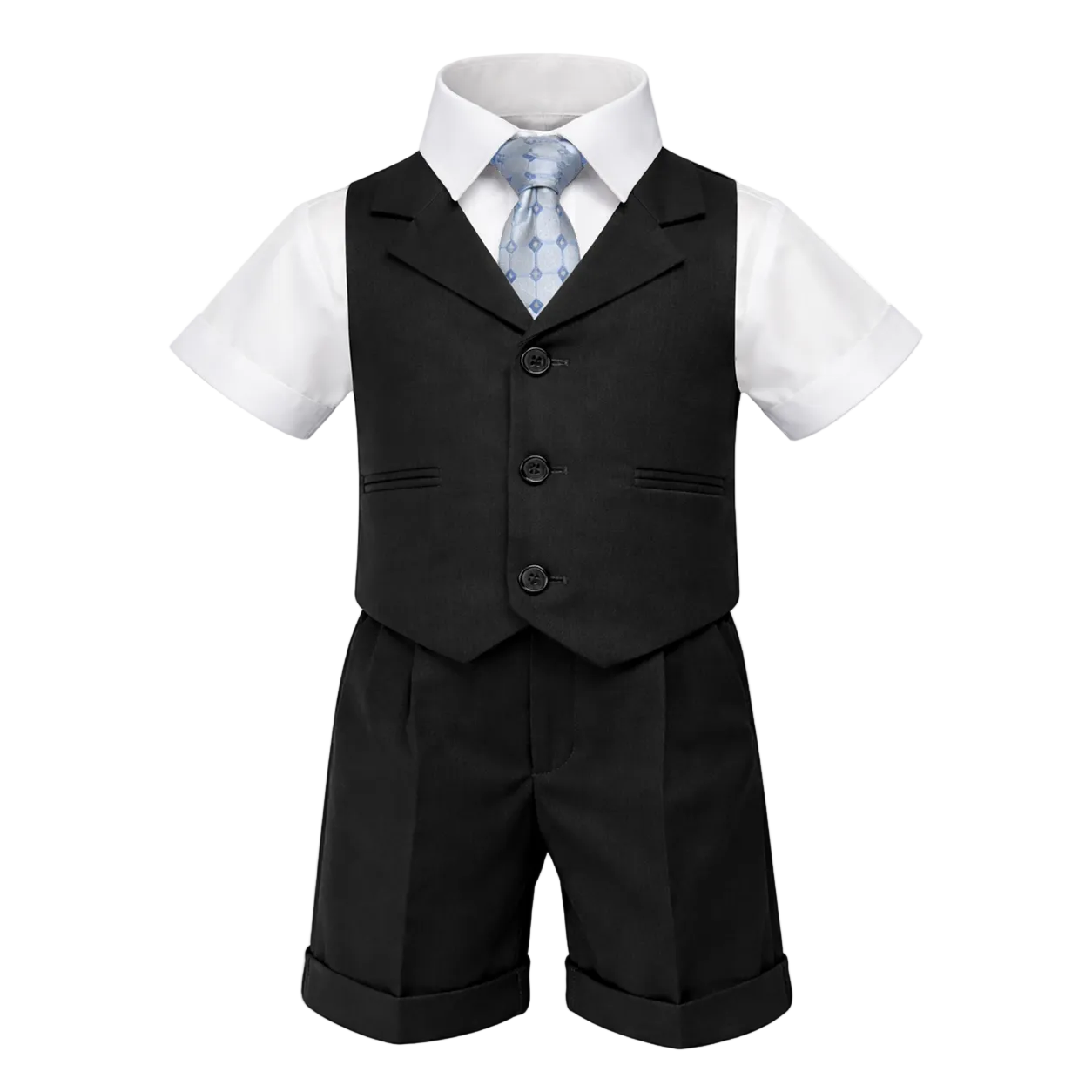Gino Giovanni Boys 4-Piece Vest Short Set Formal Outfit – Suit with Shirt, Tie & Cuffed Shorts