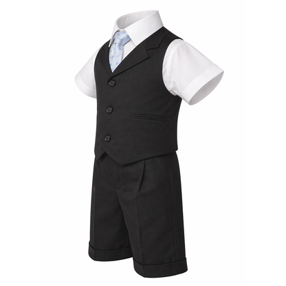 Gino Giovanni Boys 4-Piece Vest Short Set Formal Outfit – Suit with Shirt, Tie & Cuffed Shorts