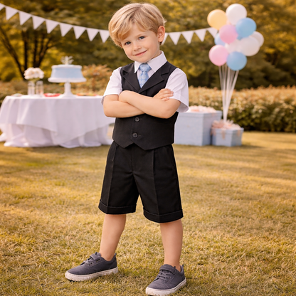 Gino Giovanni Boys 4-Piece Vest Short Set Formal Outfit – Suit with Shirt, Tie & Cuffed Shorts