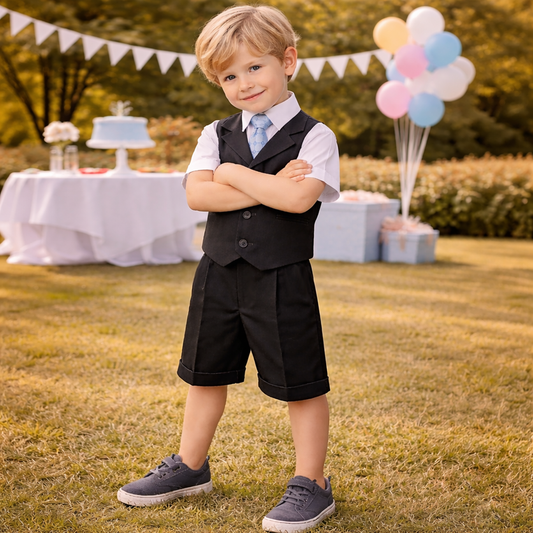 Gino Giovanni Boys 4-Piece Vest Short Set Formal Outfit – Suit with Shirt, Tie & Cuffed Shorts