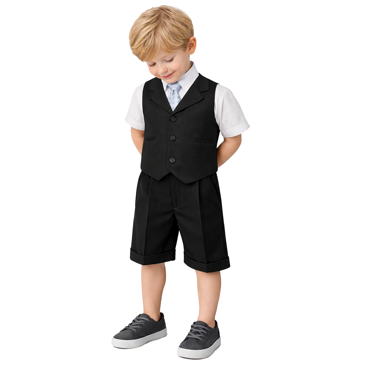 Gino Giovanni Boys 4-Piece Vest Short Set Formal Outfit – Suit with Shirt, Tie & Cuffed Shorts