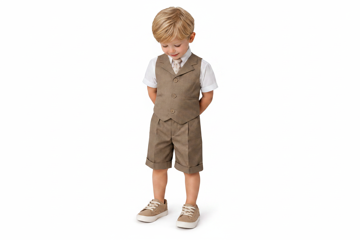 Gino Giovanni Boys 4-Piece Summer Suit Vest Short Set - Natural