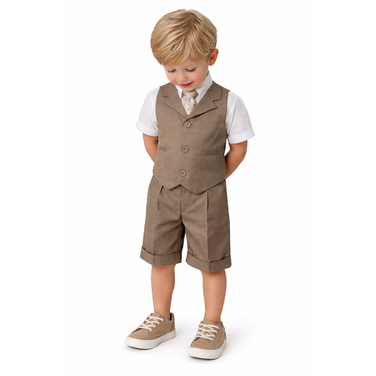 Gino Giovanni Boys 4-Piece Vest Short Set Formal Outfit – Suit with Shirt, Tie & Cuffed Shorts