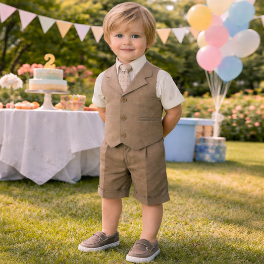 Gino Giovanni Boys 4-Piece Vest Short Set Formal Outfit – Suit with Shirt, Tie & Cuffed Shorts