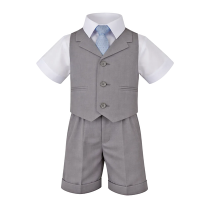 Gino Giovanni Boys 4-Piece Vest Short Set Formal Outfit – Suit with Shirt, Tie & Cuffed Shorts