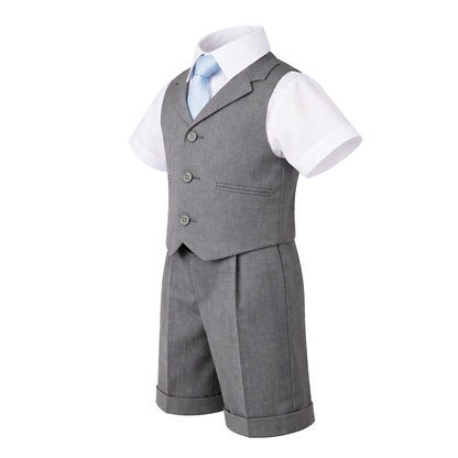 Gino Giovanni Boys 4-Piece Vest Short Set Formal Outfit – Suit with Shirt, Tie & Cuffed Shorts