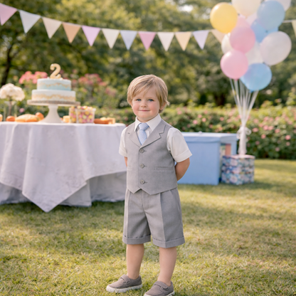 Gino Giovanni Boys 4-Piece Vest Short Set Formal Outfit – Suit with Shirt, Tie & Cuffed Shorts