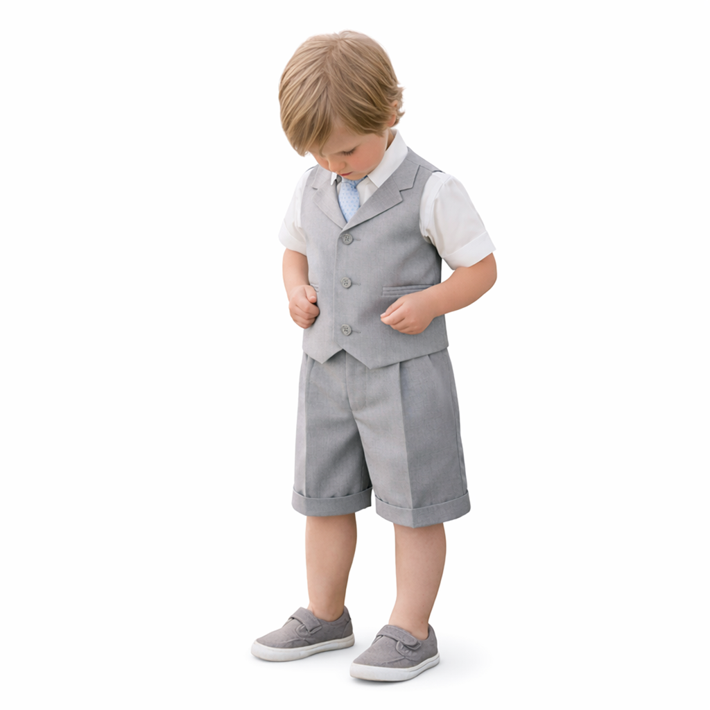 Gino Giovanni Boys 4-Piece Vest Short Set Formal Outfit – Suit with Shirt, Tie & Cuffed Shorts