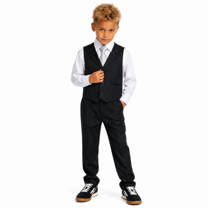 Gino Giovanni Boys 4-Piece Pinstripe Vest Set with Long Sleeve Dress Shirt, Pants and Zipper Tie, Fully Lined