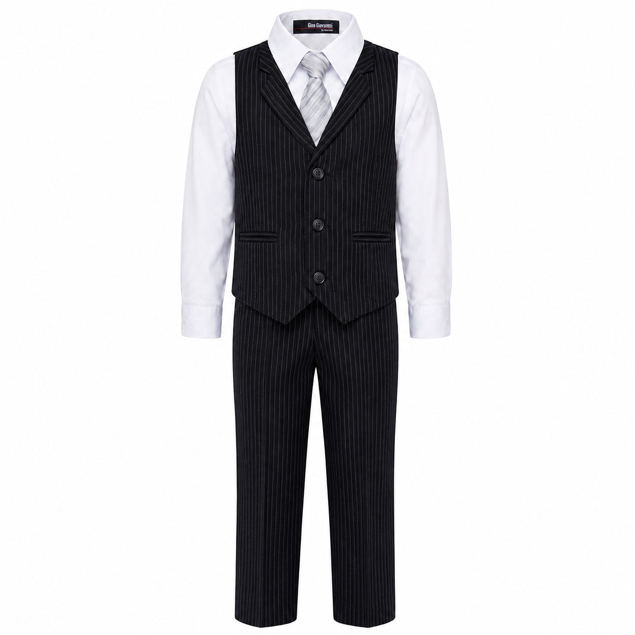 Gino Giovanni Boys 4-Piece Pinstripe Vest Set with Long Sleeve Dress Shirt, Pants and Zipper Tie, Fully Lined