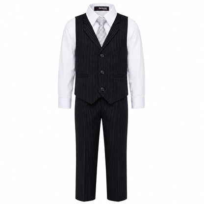 Gino Giovanni Boys 4-Piece Pinstripe Vest Set with Long Sleeve Dress Shirt, Pants and Zipper Tie, Fully Lined