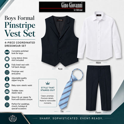 Gino Giovanni Boys 4-Piece Pinstripe Vest Set with Long Sleeve Dress Shirt, Pants and Zipper Tie, Fully Lined