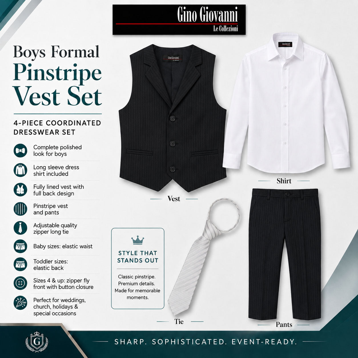 Gino Giovanni Boys 4-Piece Pinstripe Vest Set with Long Sleeve Dress Shirt, Pants and Zipper Tie, Fully Lined