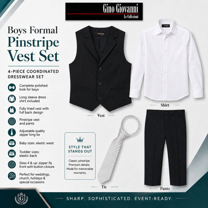 Gino Giovanni Boys 4-Piece Pinstripe Vest Set with Long Sleeve Dress Shirt, Pants and Zipper Tie, Fully Lined
