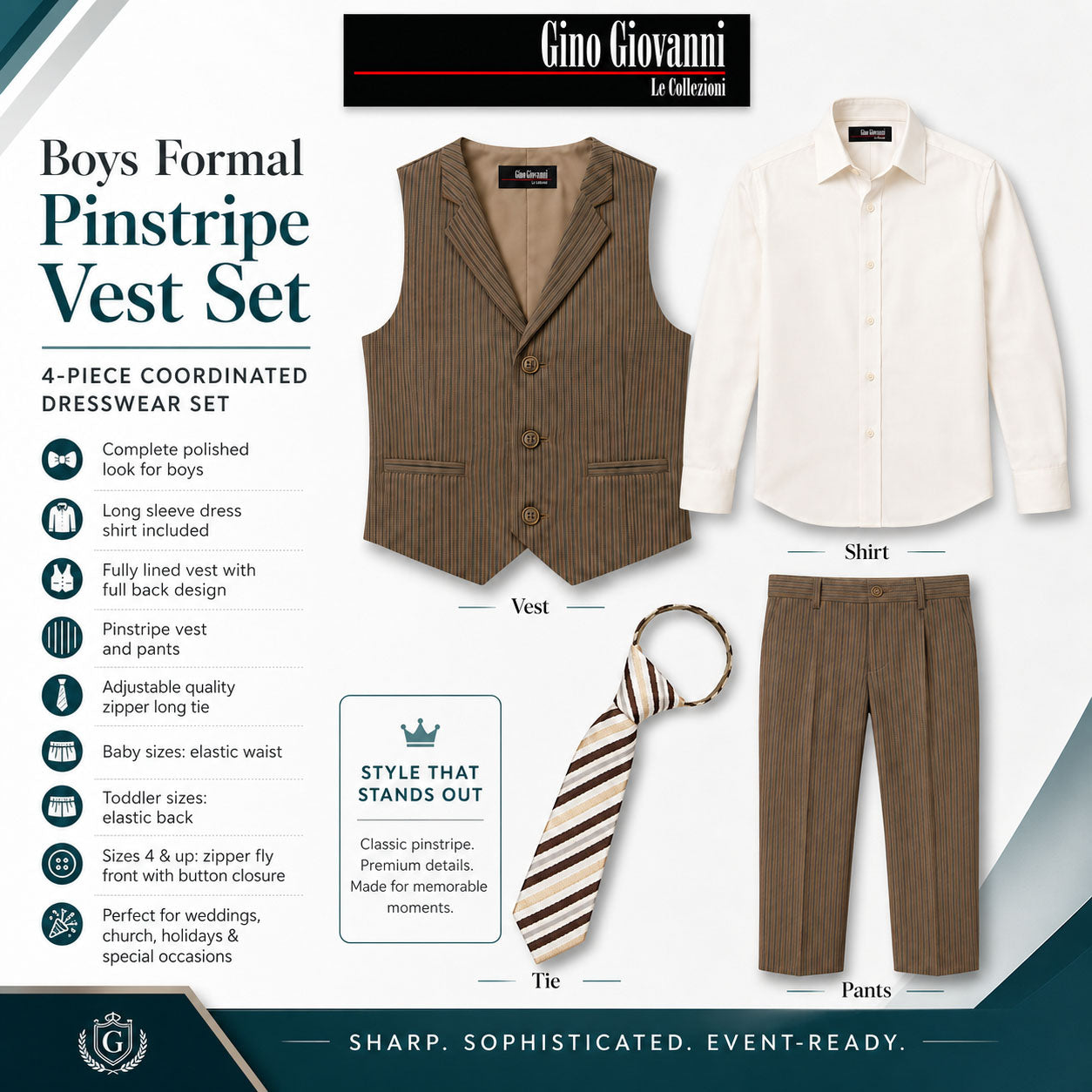 Gino Giovanni Boys 4-Piece Pinstripe Vest Set with Long Sleeve Dress Shirt, Pants and Zipper Tie, Fully Lined