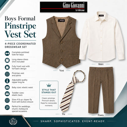 Gino Giovanni Boys 4-Piece Pinstripe Vest Set with Long Sleeve Dress Shirt, Pants and Zipper Tie, Fully Lined