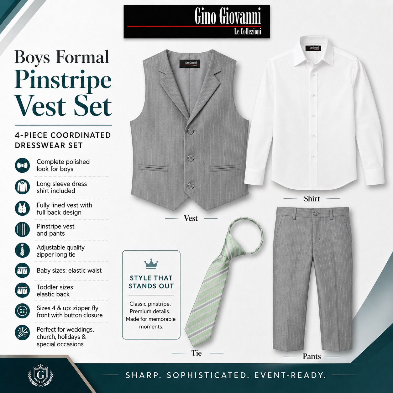 Gino Giovanni Boys 4-Piece Pinstripe Vest Set with Long Sleeve Dress Shirt, Pants and Zipper Tie, Fully Lined