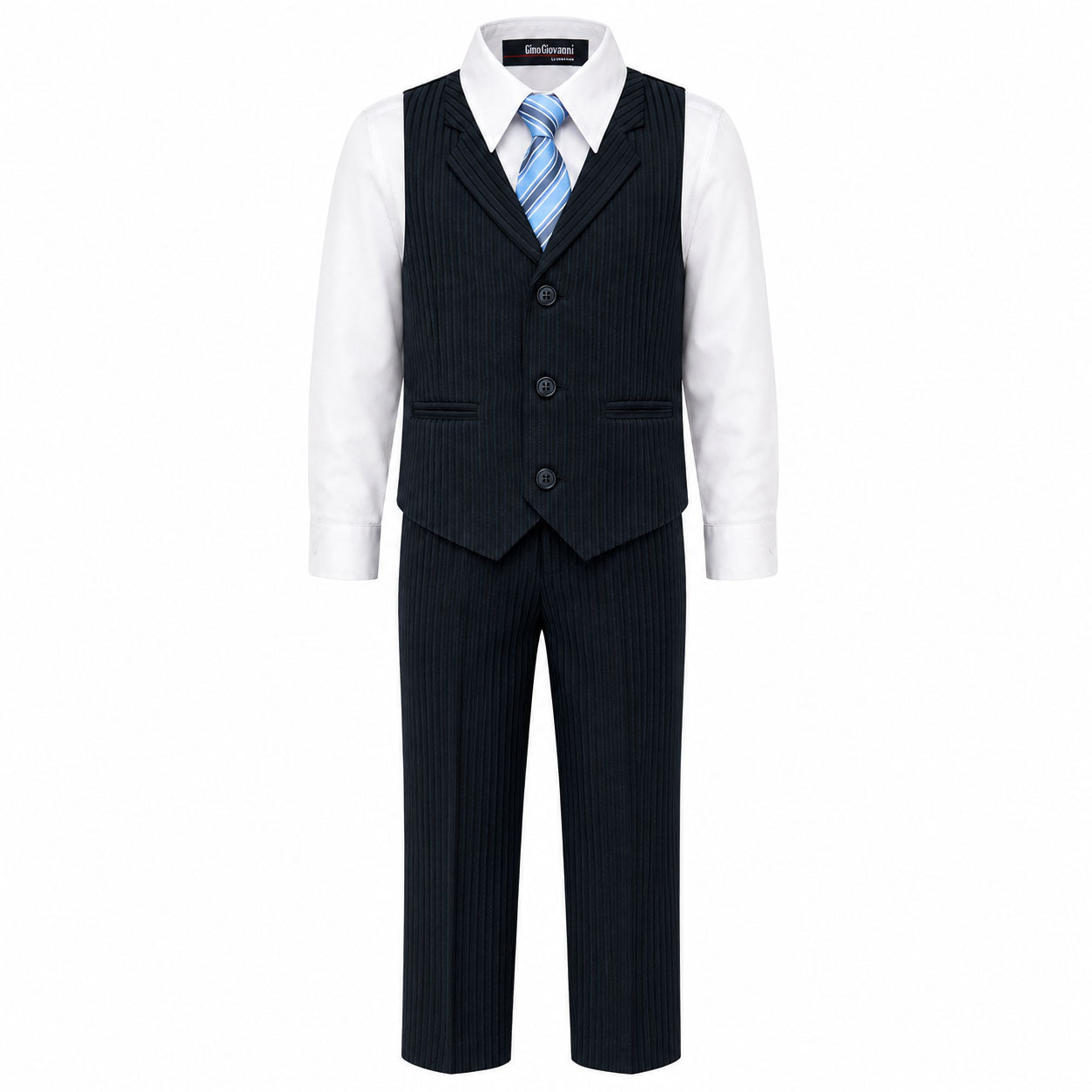 Gino Giovanni Boys 4-Piece Pinstripe Vest Set with Long Sleeve Dress Shirt, Pants and Zipper Tie, Fully Lined