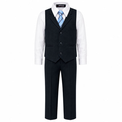 Gino Giovanni Boys 4-Piece Pinstripe Vest Set with Long Sleeve Dress Shirt, Pants and Zipper Tie, Fully Lined