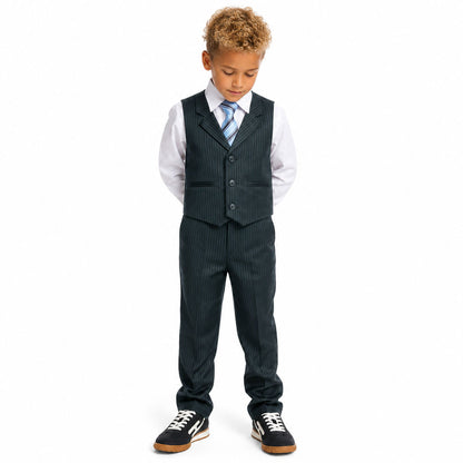 Gino Giovanni Boys 4-Piece Pinstripe Vest Set with Long Sleeve Dress Shirt, Pants and Zipper Tie, Fully Lined