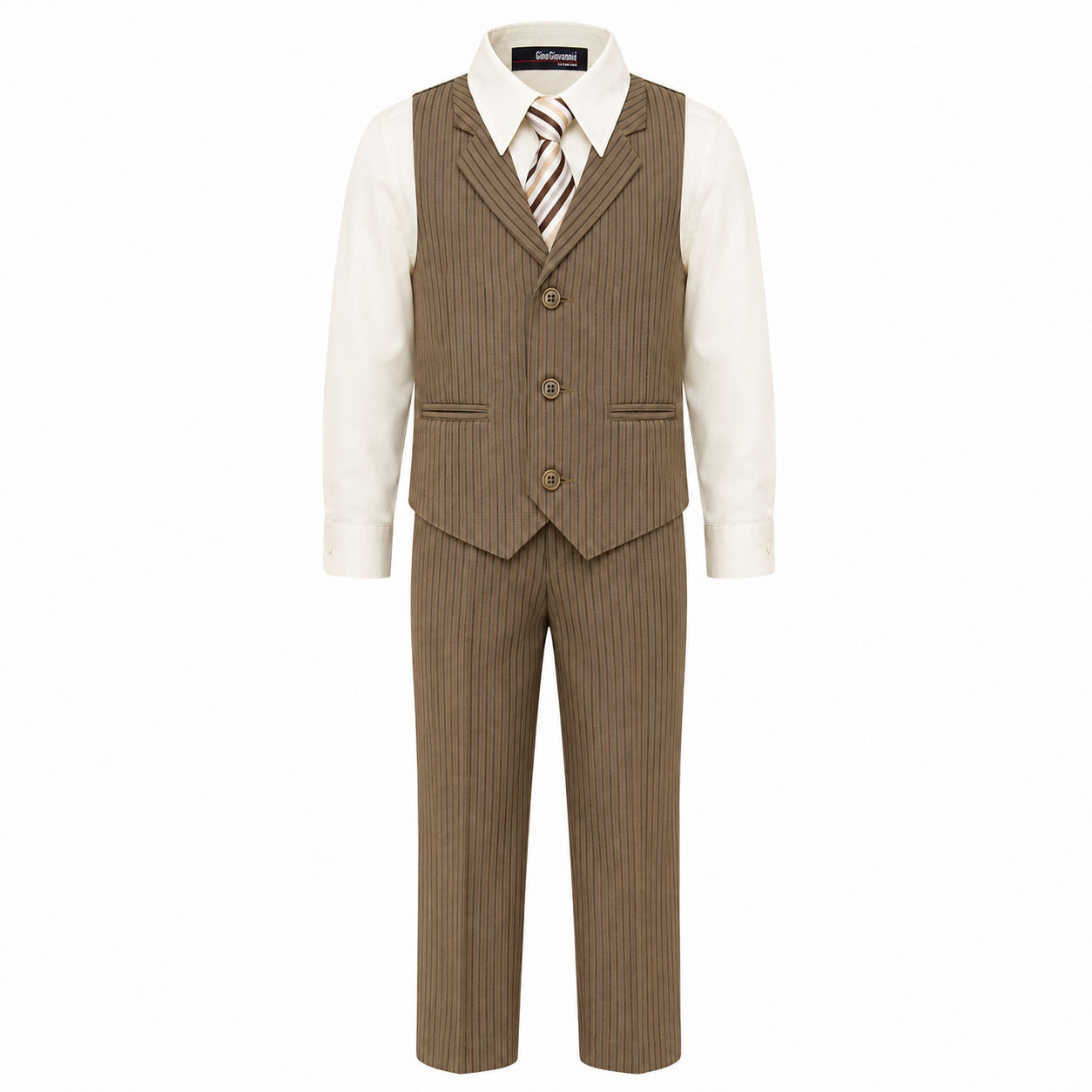 Gino Giovanni Boys 4-Piece Pinstripe Vest Set with Long Sleeve Dress Shirt, Pants and Zipper Tie, Fully Lined