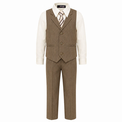 Gino Giovanni Boys 4-Piece Pinstripe Vest Set with Long Sleeve Dress Shirt, Pants and Zipper Tie, Fully Lined