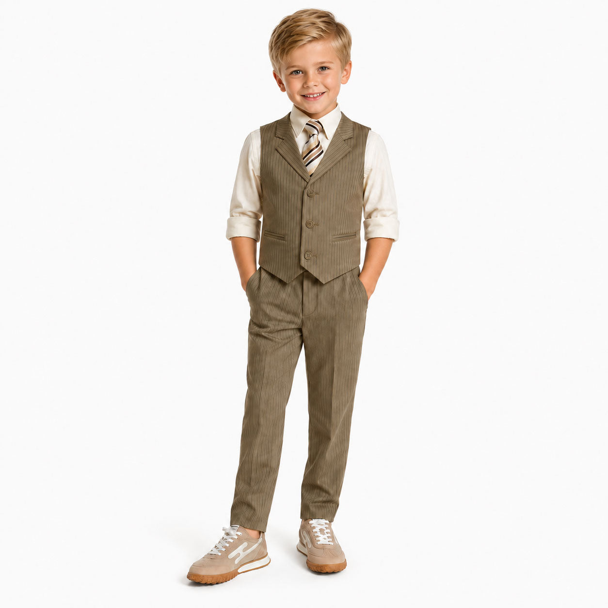 Gino Giovanni Boys 4-Piece Pinstripe Vest Set with Long Sleeve Dress Shirt, Pants and Zipper Tie, Fully Lined
