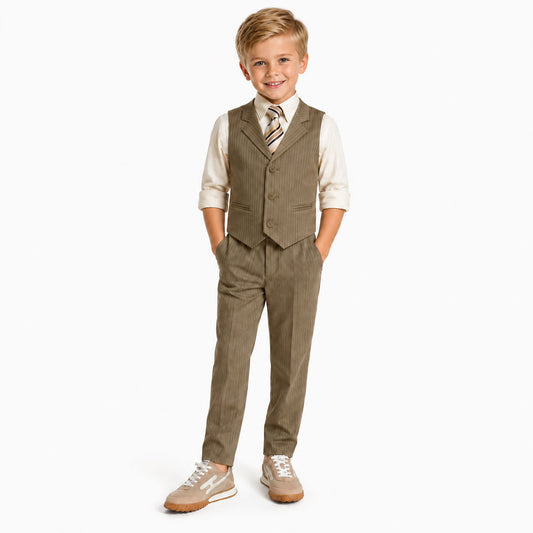 Gino Giovanni Boys 4-Piece Pinstripe Vest Set with Long Sleeve Dress Shirt, Pants and Zipper Tie, Fully Lined