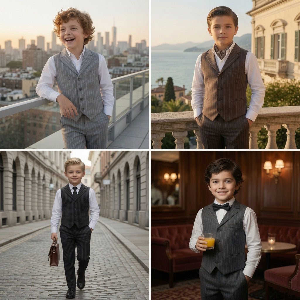 Gino Giovanni Boys 4-Piece Pinstripe Vest Set with Long Sleeve Dress Shirt, Pants and Zipper Tie, Fully Lined
