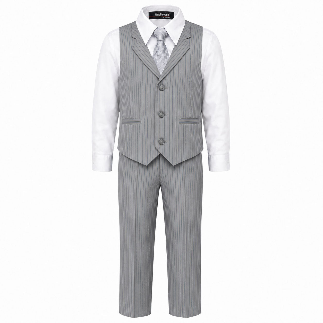 Gino Giovanni Boys 4-Piece Pinstripe Vest Set with Long Sleeve Dress Shirt, Pants and Zipper Tie, Fully Lined