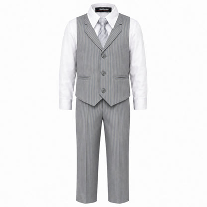 Gino Giovanni Boys 4-Piece Pinstripe Vest Set with Long Sleeve Dress Shirt, Pants and Zipper Tie, Fully Lined