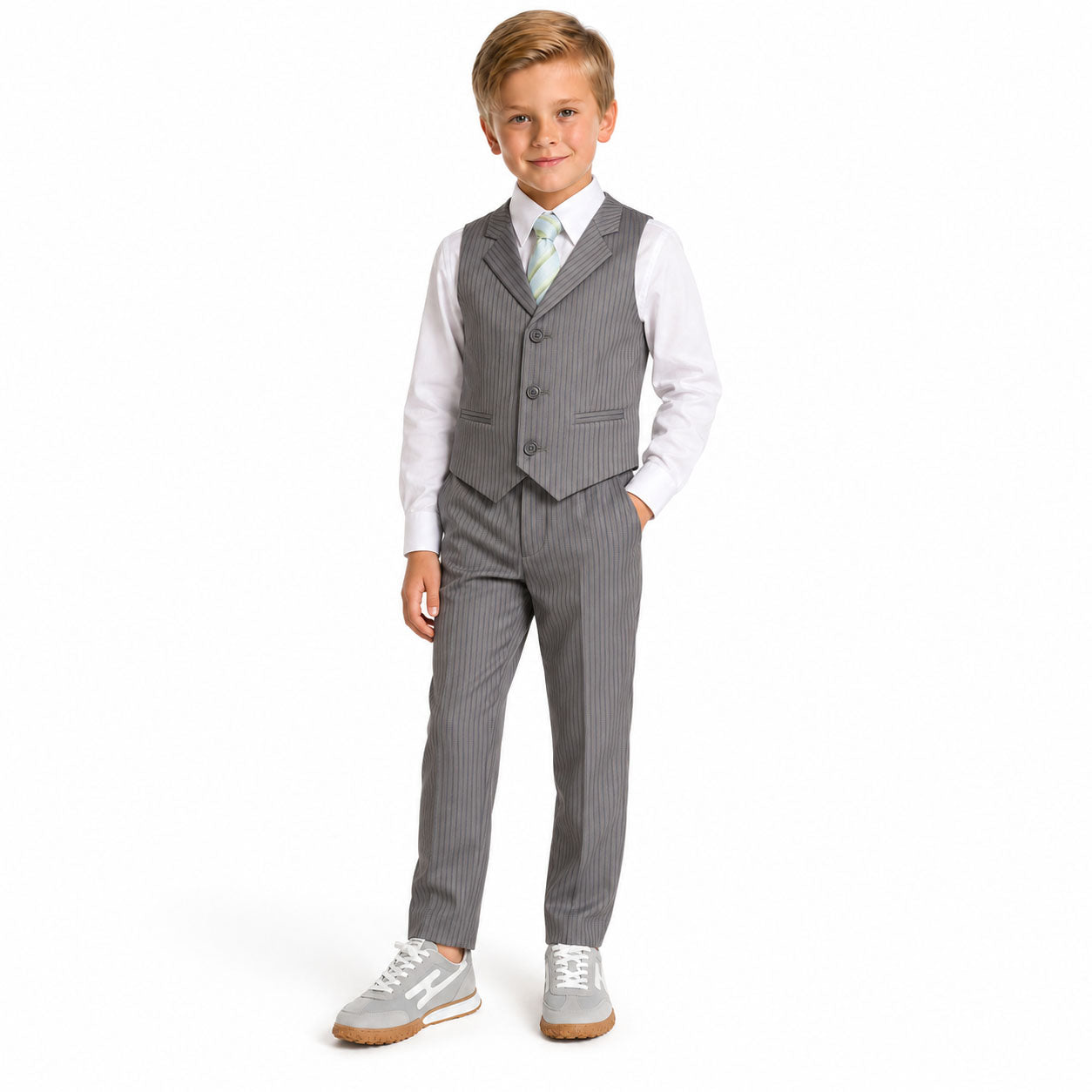 Gino Giovanni Boys 4-Piece Pinstripe Vest Set with Long Sleeve Dress Shirt, Pants and Zipper Tie, Fully Lined