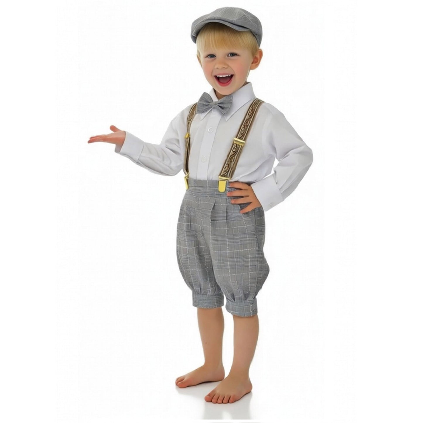 Gino Giovanni Boys Vintage Knicker Outfit with Suspenders, Bow Tie & Hat - Black/White side view