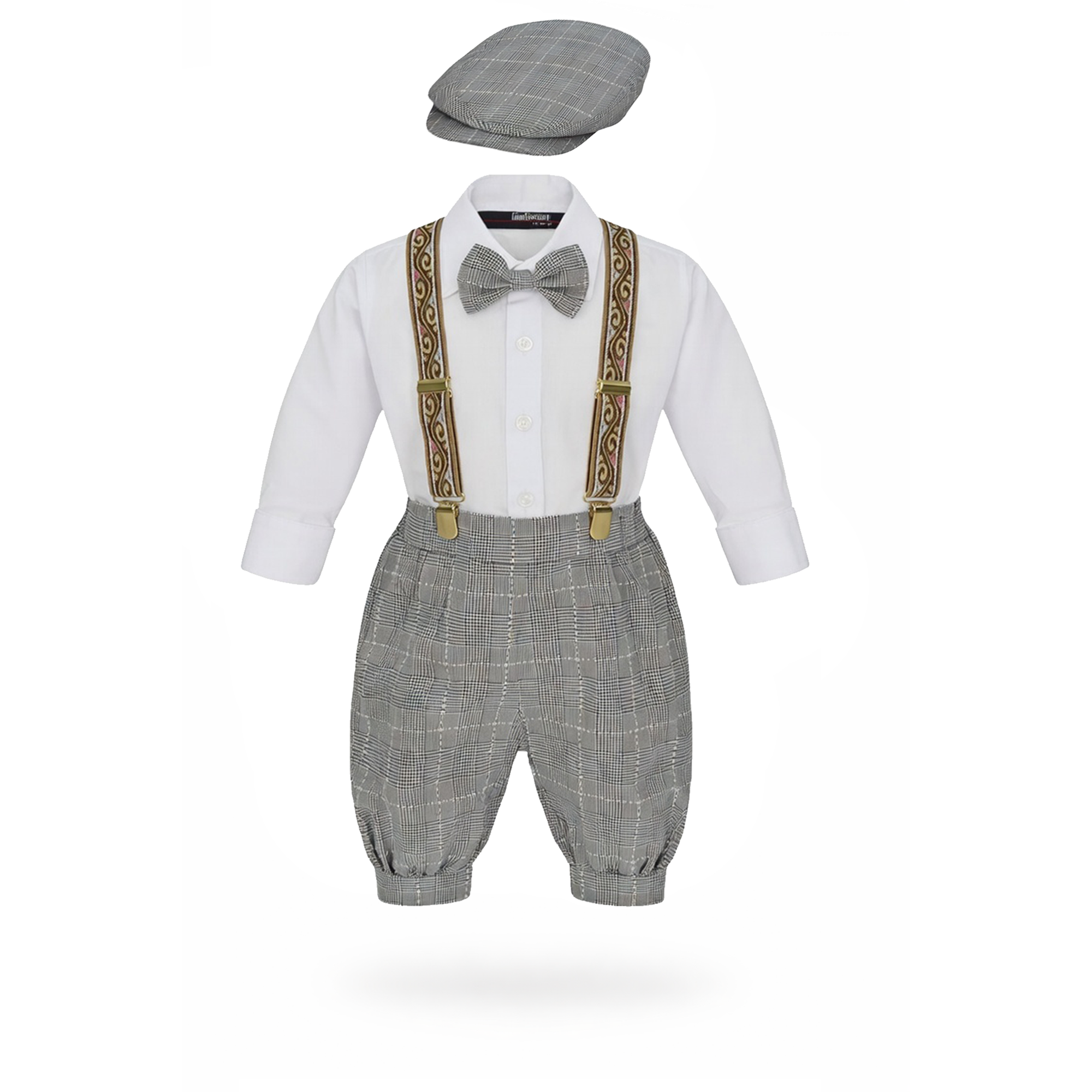 Gino Giovanni Boys Vintage Knicker Outfit with Suspenders, Bow Tie & Hat - Black/White side view