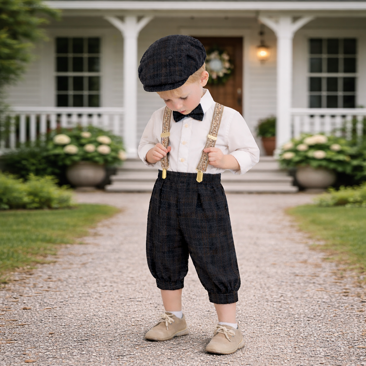Gino Giovanni Boys Vintage Knicker Outfit with Suspenders, Bow Tie & Hat - Charcoal detail view