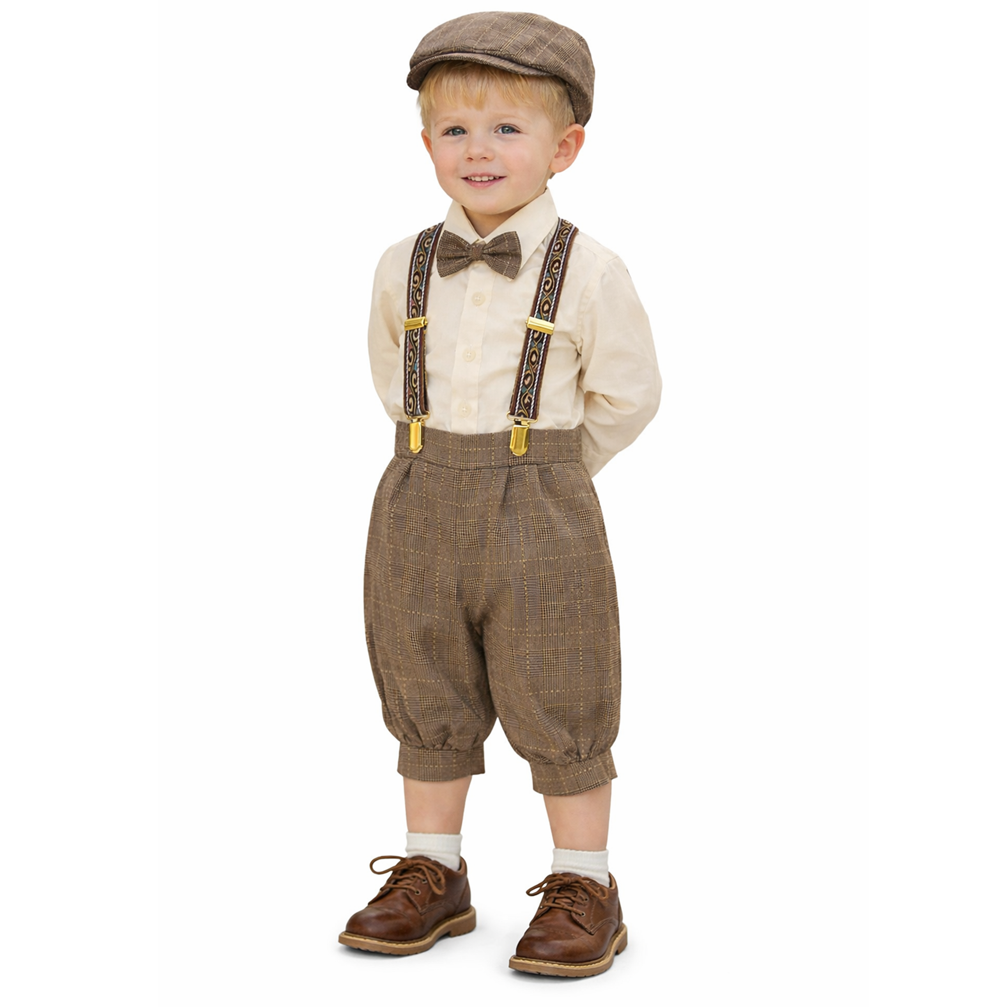 Gino Giovanni Boys Vintage Knicker Outfit with Suspenders, Bow Tie & Hat - Natural side view
