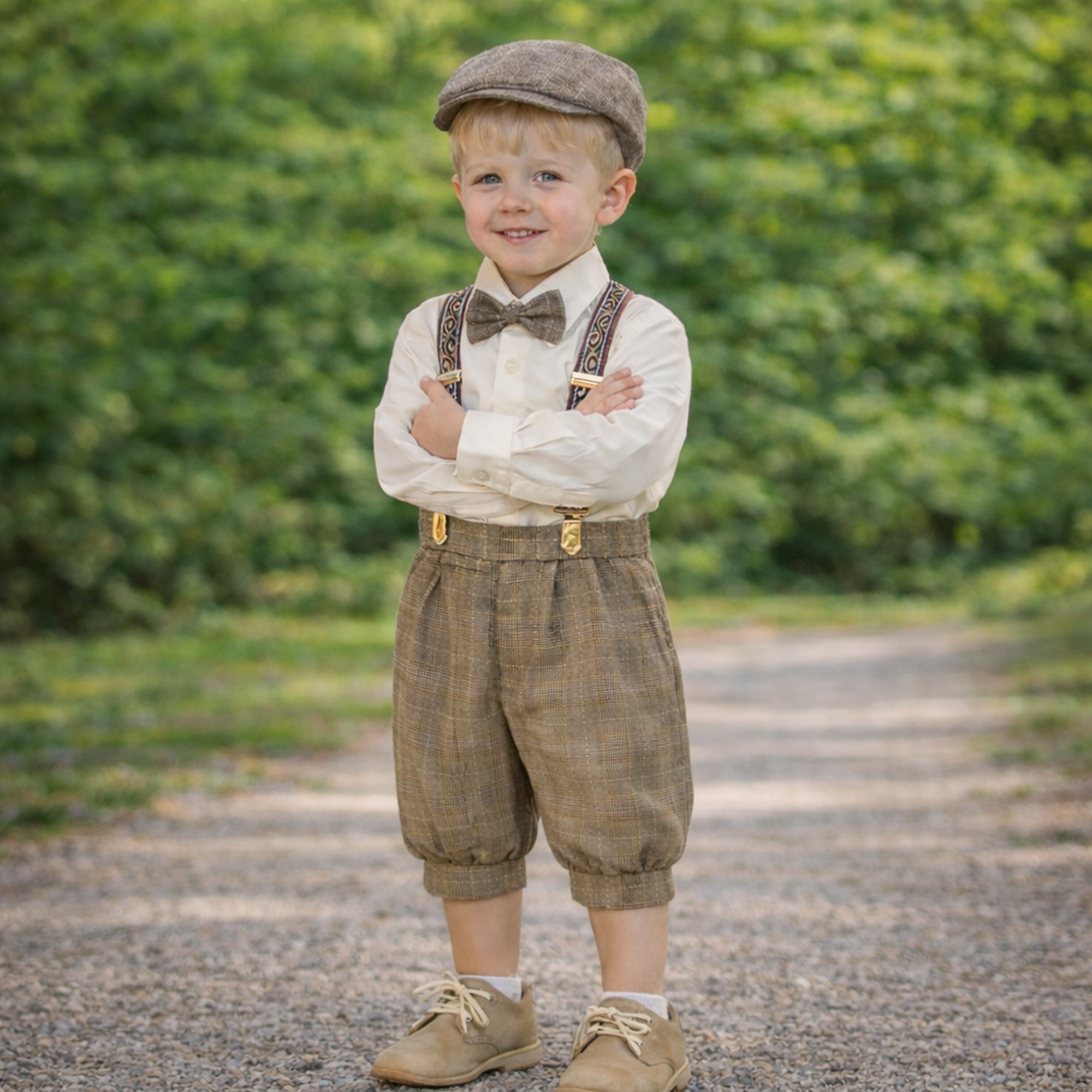Gino Giovanni Boys Vintage Knicker Outfit with Suspenders, Bow Tie & Hat - Natural detail view