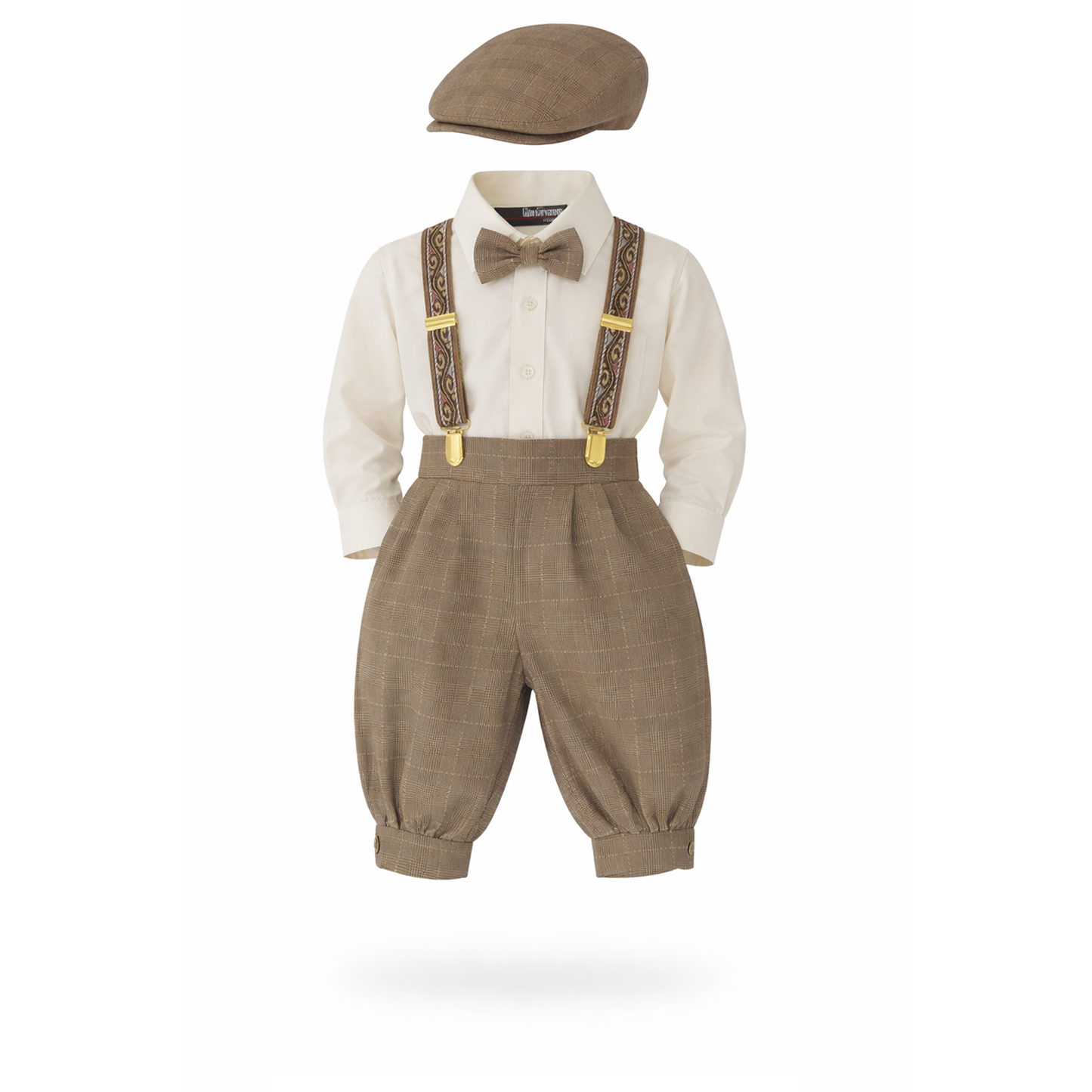 Gino Giovanni Boys Vintage Knicker Outfit with Suspenders, Bow Tie & Hat - Natural side view