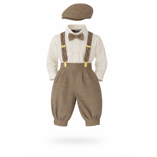 Gino Giovanni Boys Vintage Knicker Outfit with Suspenders, Bow Tie & Hat - Natural side view