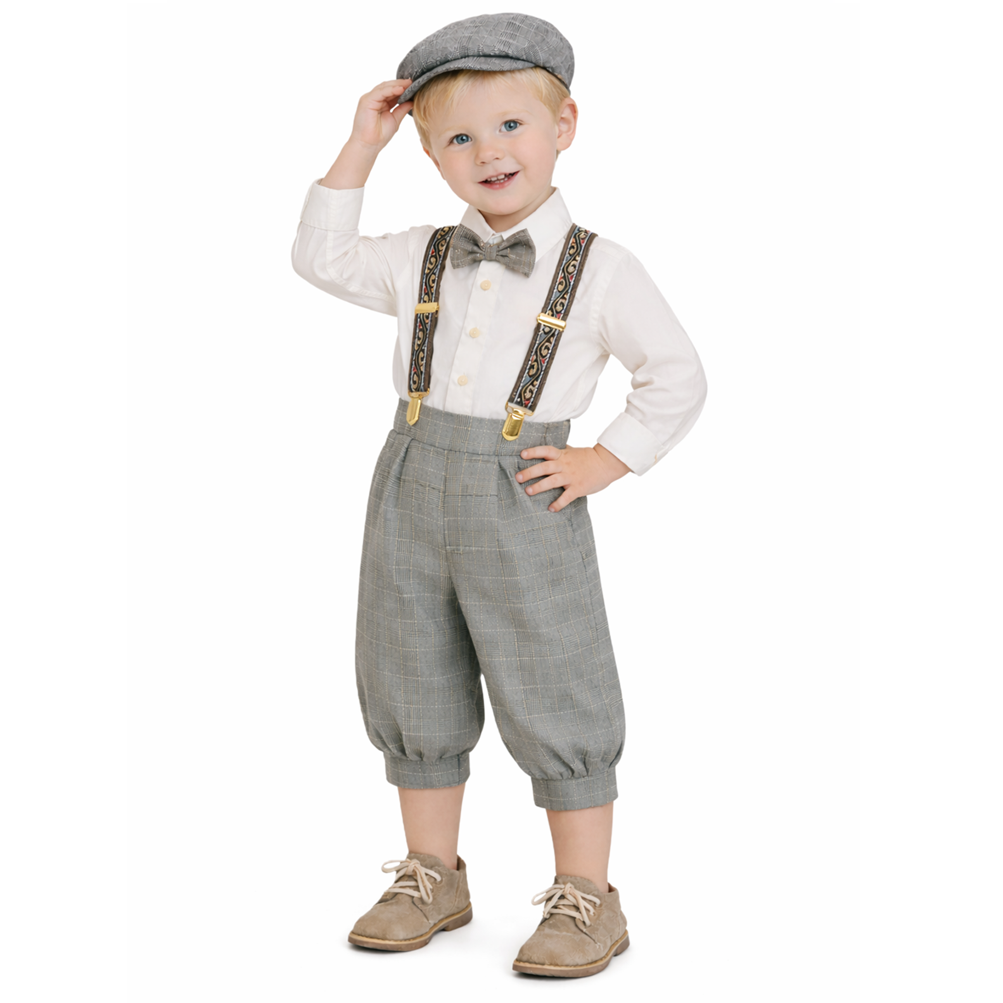 Gino Giovanni Boys Vintage Knicker Outfit with Suspenders, Bow Tie & Hat - Silver side view