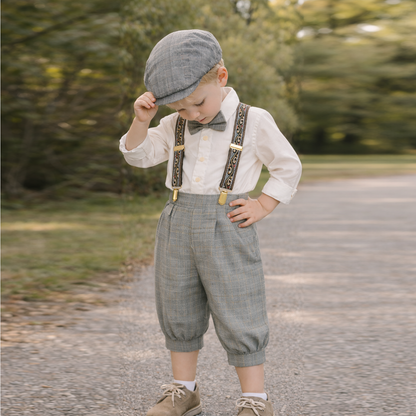 Gino Giovanni Boys Vintage Knicker Outfit with Suspenders, Bow Tie & Hat - Silver detail view