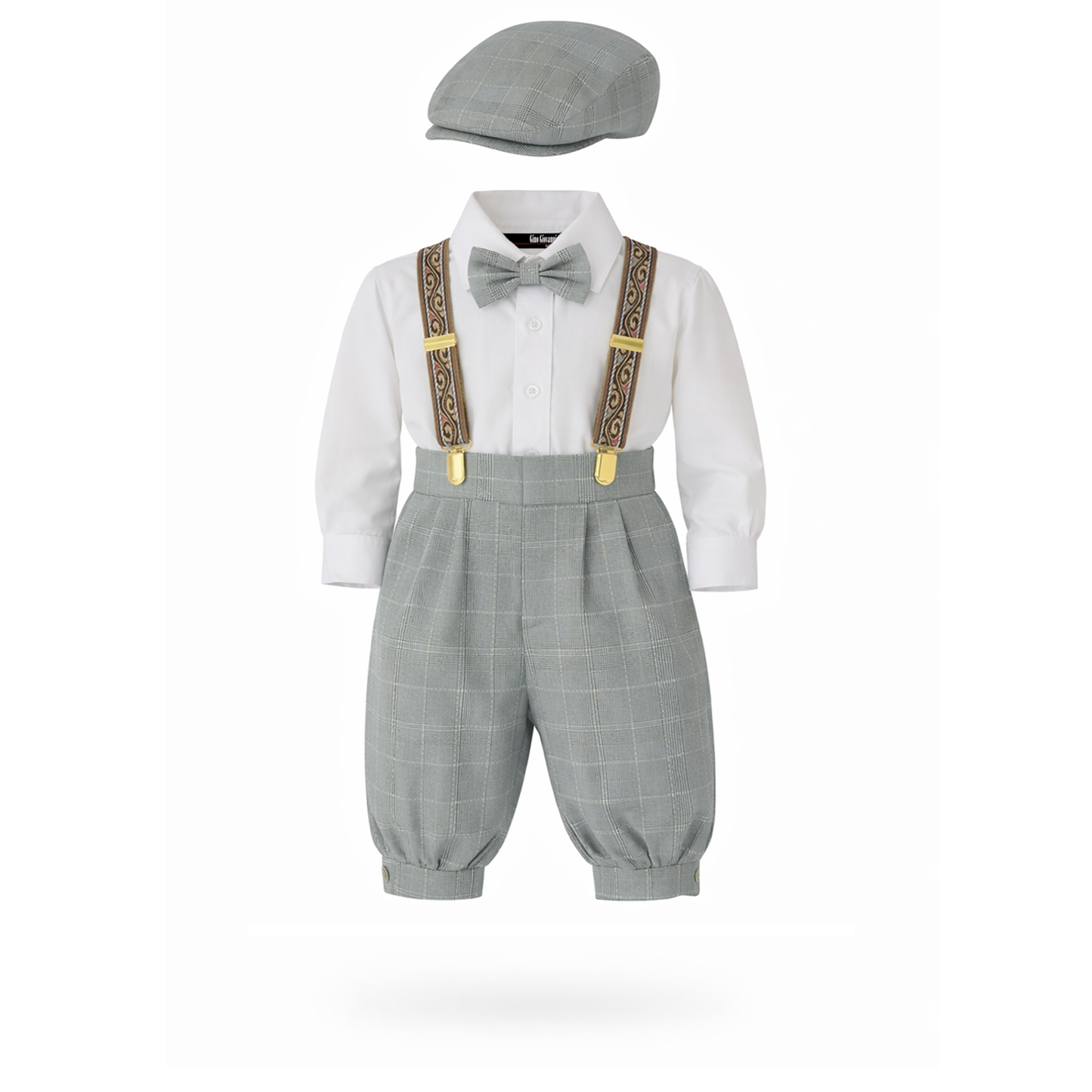 Gino Giovanni Boys Vintage Knicker Outfit with Suspenders, Bow Tie & Hat - Silver side view