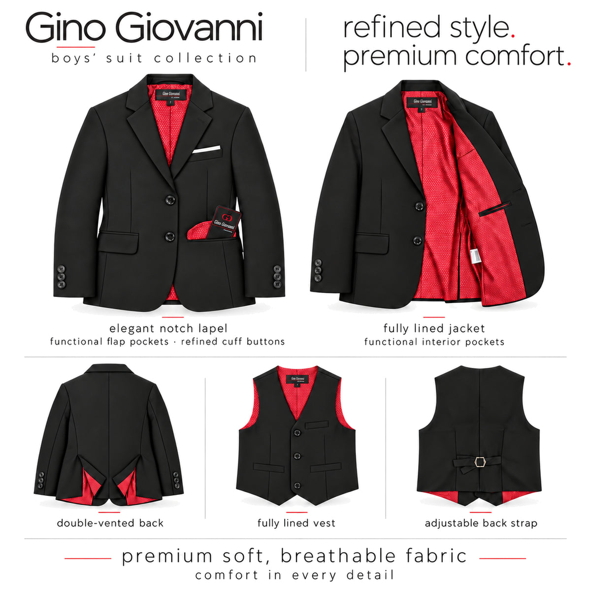 Gino Giovanni G328 boys' 3-piece suit collection in black